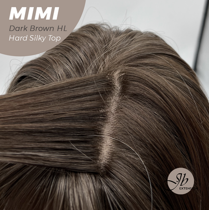 JBEXTENSION 16 Inches Scalpiana 3.5X4 Hard Silky Top Natural Scalp Effect Dark Brown Highlight Body Wave Wig with Bangs Wig MIMI SILK TOP - DARK BROWN HIGHLIGHT