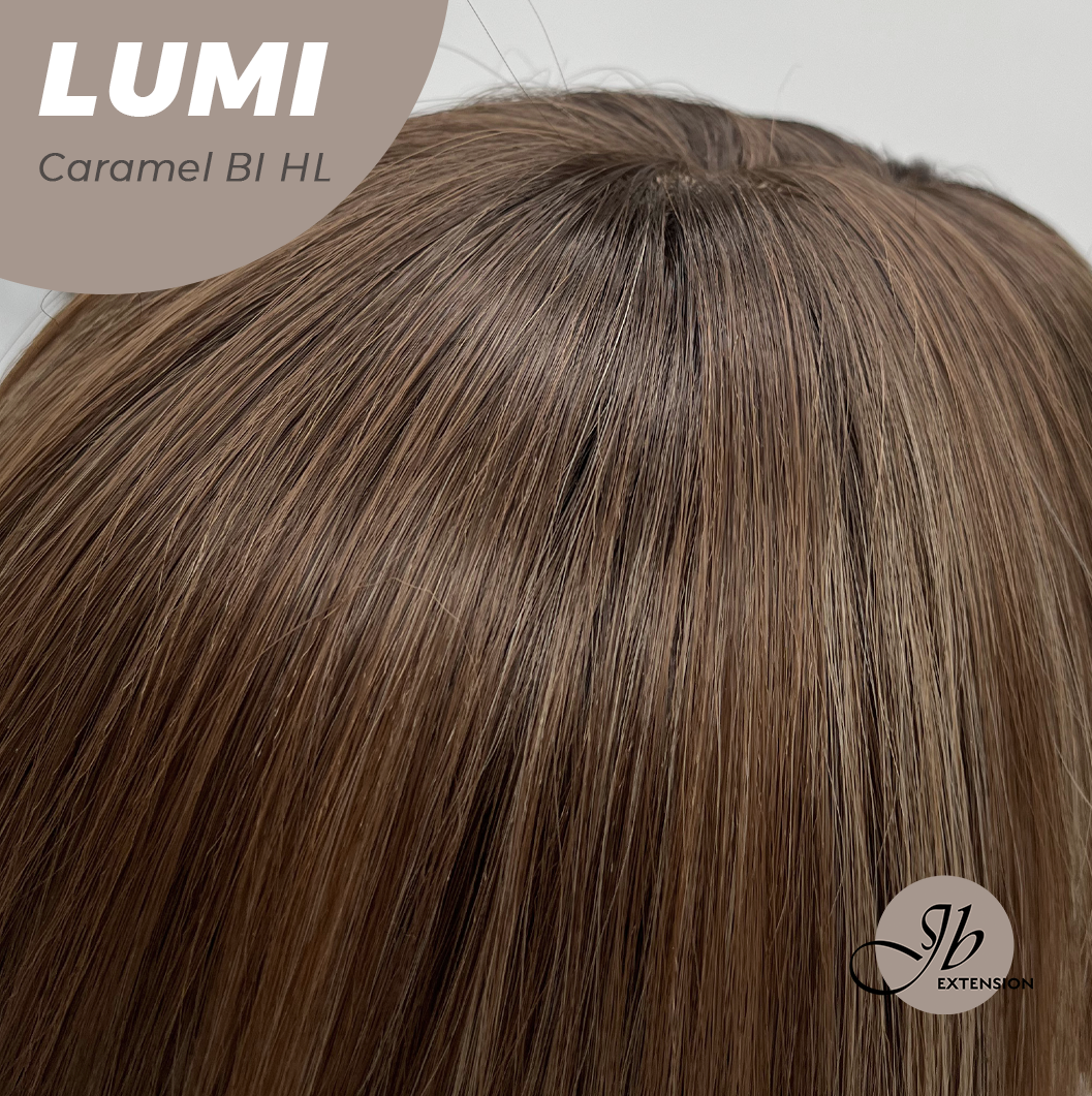 JBEXTENSION 23 Inches Curly Caramel Blonde Highlight Wig with Bangs LUMI CARAMEL BLONDE HIGHLIGHT