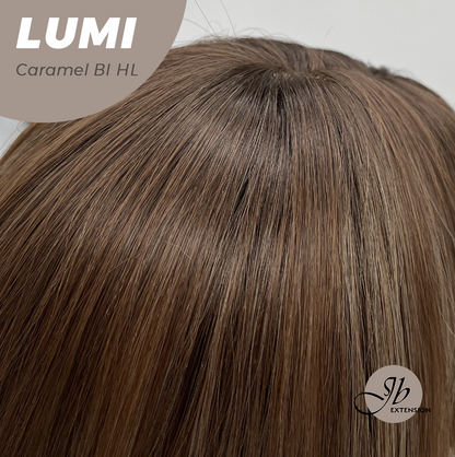 JBEXTENSION 23 Inches Curly Caramel Blonde Highlight Wig with Bangs LUMI CARAMEL BLONDE HIGHLIGHT