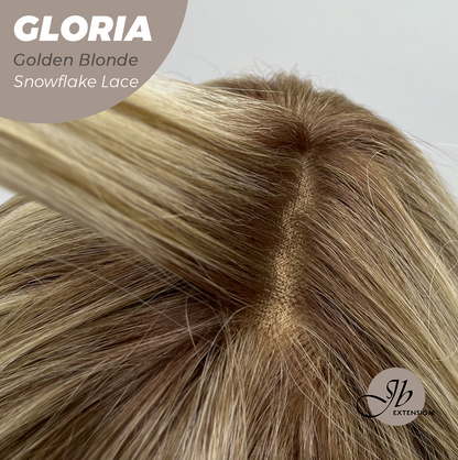 JBEXTENSION 14 Inches Curly Golden Blonde Wig with Bangs Pre-Cut Arc Snowflake Lace Frontlace Glueless Wig GLORIA GOLDEN BLONDE【BENDY EAR TABS】