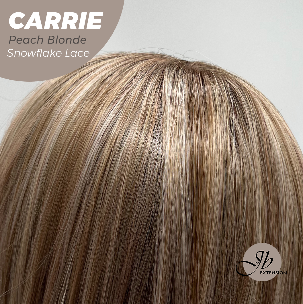 JBEXTENSION 11 Inches Short Hair Peach Blonde Pre-Cut Arc Snowflake Lace Frontlace Glueless Wig with Bangs CARRIE PEACH BLONDE【BENDY EAR TABS】
