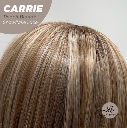 JBEXTENSION 11 Inches Short Hair Peach Blonde Pre-Cut Arc Snowflake Lace Frontlace Glueless Wig with Bangs CARRIE PEACH BLONDE【BENDY EAR TABS】