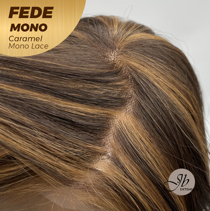 JBEXTENSION FEDE MONO Full Monofilament Handmade Full Lace Full Hand Tied Wig 19 Inches Wave Caramel Mono Lace Handmade Futura Fiber Wig with Anti-slip Silicone Strips Glueless Wig FEDE MONO - CARAMEL【BENDY EAR TABS】