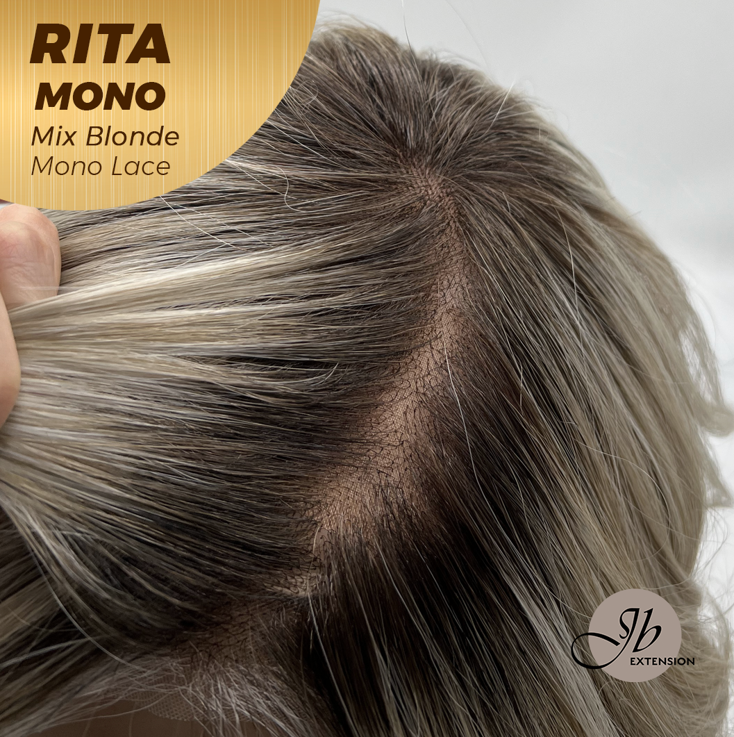 JBEXTENSION RITA MONO Monofilament Handmade Wig 6X5 Full Monofilament Hand Tied Top Wig 14 Inches Curly Mix Blonde Mono Lace Wig with Anti-slip Silicone Strips Glueless Wig RITA MONO - MIX BLONDE【BENDY EAR TABS】