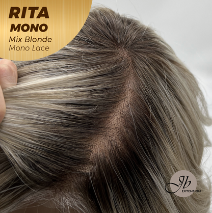 JBEXTENSION RITA MONO Monofilament Handmade Wig 6X5 Full Monofilament Hand Tied Top Wig 14 Inches Curly Mix Blonde Mono Lace Wig with Anti-slip Silicone Strips Glueless Wig RITA MONO - MIX BLONDE【BENDY EAR TABS】