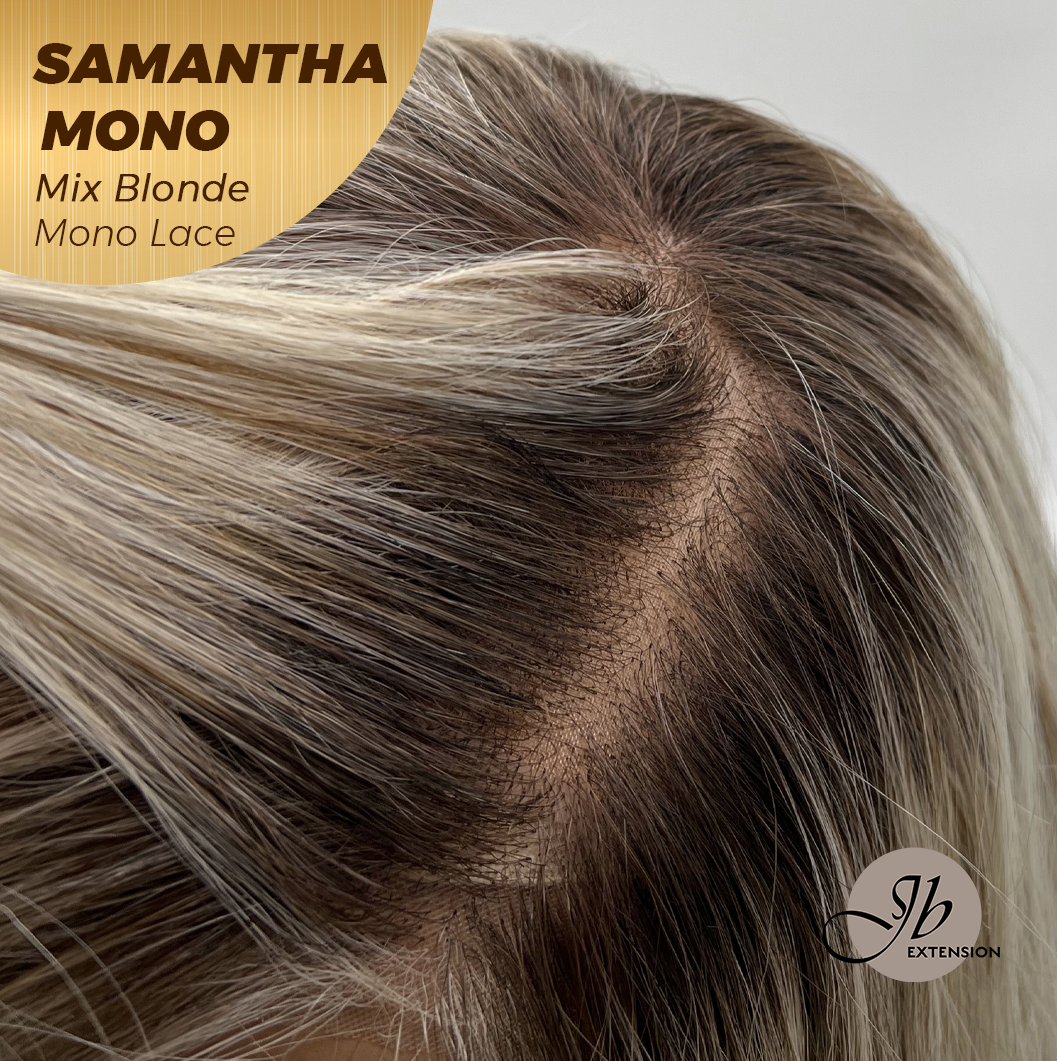 JBEXTENSION SAMANTHA MONO Full Monofilament Handmade Full Lace Full Hand Tied Wig 17 Inches Mix Blonde Mono Lace Handmade Futura Fiber Wig with Anti-slip Silicone Strips Glueless Wig SAMANTHA MONO MIX BLONDE【BENDY EAR TABS】