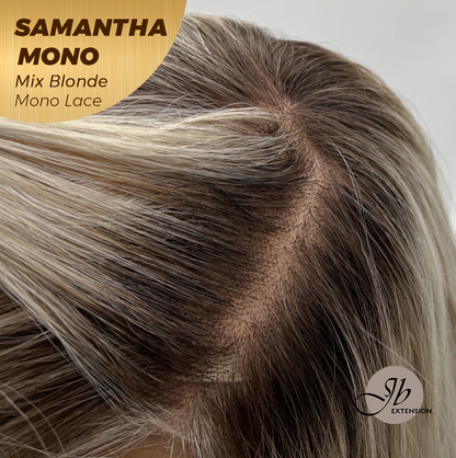 JBEXTENSION SAMANTHA MONO Full Monofilament Handmade Full Lace Full Hand Tied Wig 17 Inches Mix Blonde Mono Lace Handmade Futura Fiber Wig with Anti-slip Silicone Strips Glueless Wig SAMANTHA MONO MIX BLONDE【BENDY EAR TABS】