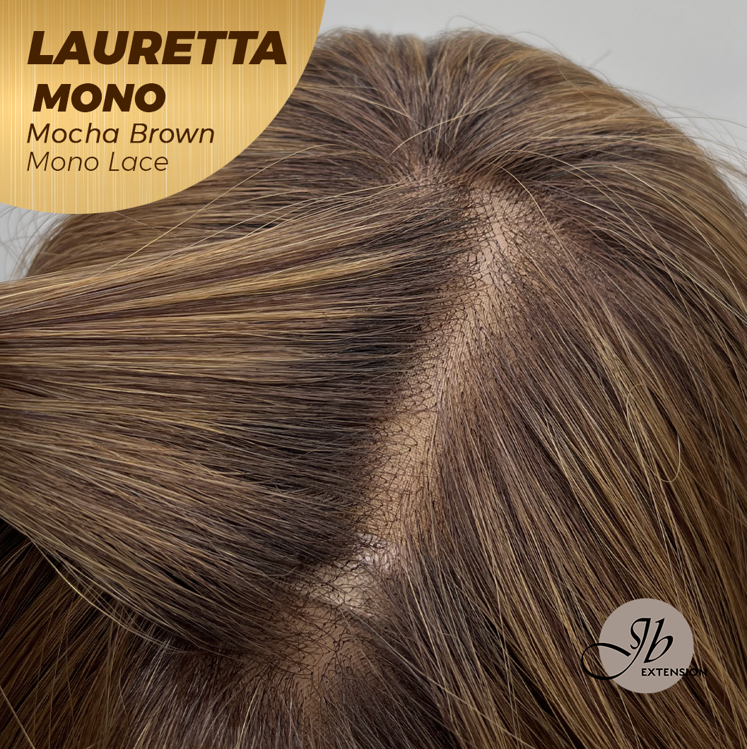 JBEXTENSION LAURETTA MONO Monofilament Handmade Wig 6X5 Full Monofilament Hand Tied Top Wig 17 Inches Mocha Brown Mono Lace Wig with Anti-slip Silicone Strips Glueless Wig LAURETTA MONO - MOCHA BROWN【BENDY EAR TABS】