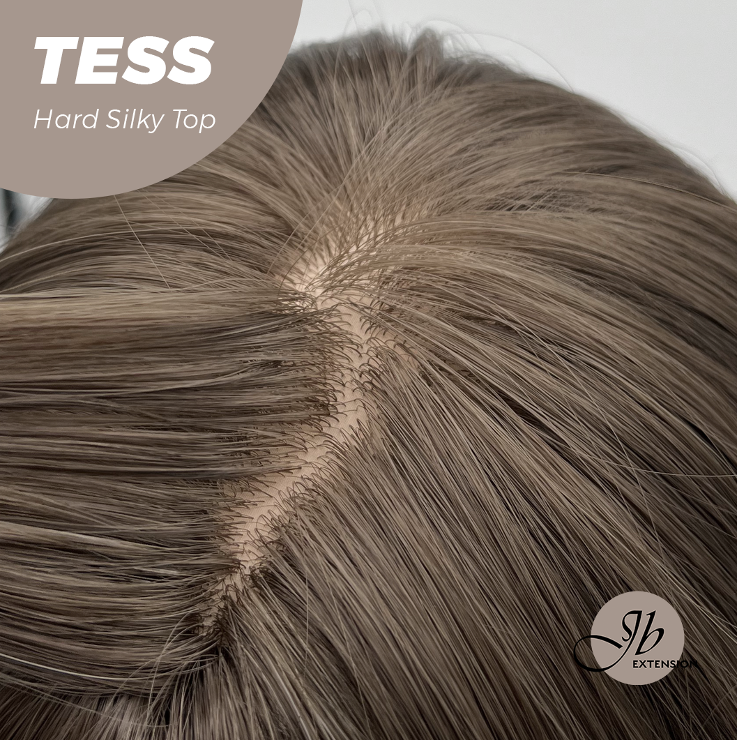 JBEXTENSION 15 Inches Scalpiana Wave Light Brown with Highlight 3.5X4 Hard Silky Top Natural Scalp Effect Wig with Bangs TESS