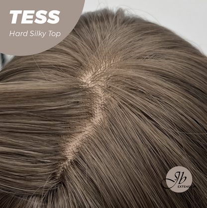 JBEXTENSION 15 Inches Scalpiana Wave Light Brown with Highlight 3.5X4 Hard Silky Top Natural Scalp Effect Wig with Bangs TESS