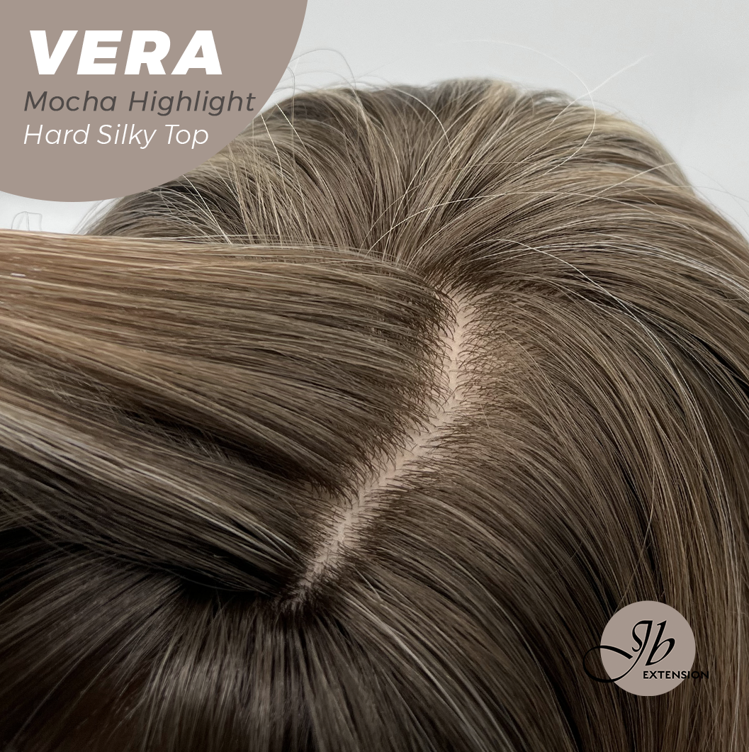 JBEXTENSION 17 Inches Scalpiana Curly Mocha Highlight 3.5X4 Hard Silky Top Natural Scalp Effect Wig with Bangs VERA MOCHA HIGHLIGHT