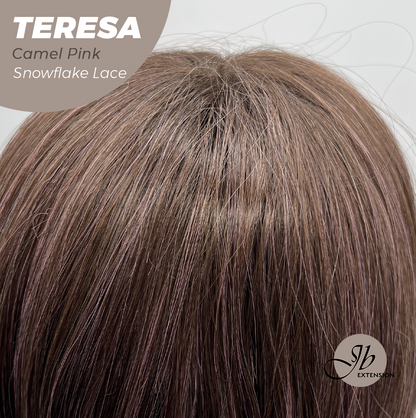 JBEXTENSION 18 Inches Camel Pink Pre-Cut Snowflake Lace Frontlace Glueless Wig TERESA CAMEL PINK【PERMATEASE】【BENDY EAR TABS】- M/L