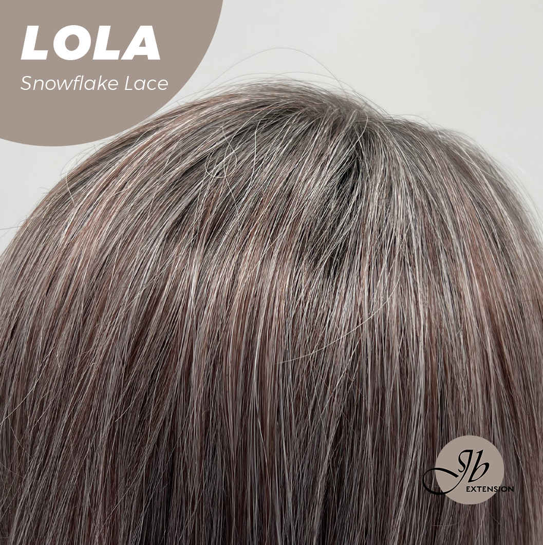 JBEXTENSION 20 Inches Curly Dark Brown with Grey Meches Hair Pre-Cut Arc Snowflake Lace Frontlace Glueless Wig LOLA SNOWFLAKE【BENDY EAR TABS】