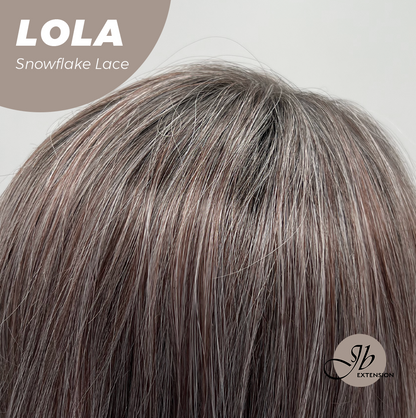 JBEXTENSION 20 Inches Curly Dark Brown with Grey Meches Hair Pre-Cut Arc Snowflake Lace Frontlace Glueless Wig LOLA SNOWFLAKE【BENDY EAR TABS】