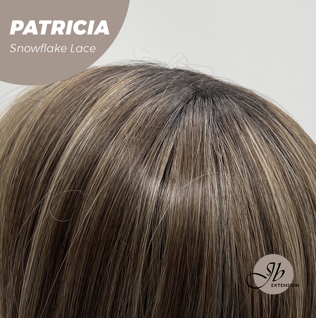 JBEXTENSION 17 Inches Dark Mix Blonde Pre-Cut Arc Snowflake Lace Frontlace Glueless Wig with Bangs PATRICIA【BENDY EAR TABS】