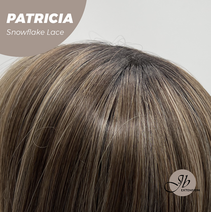 JBEXTENSION 17 Inches Dark Mix Blonde Pre-Cut Arc Snowflake Lace Frontlace Glueless Wig with Bangs PATRICIA【BENDY EAR TABS】