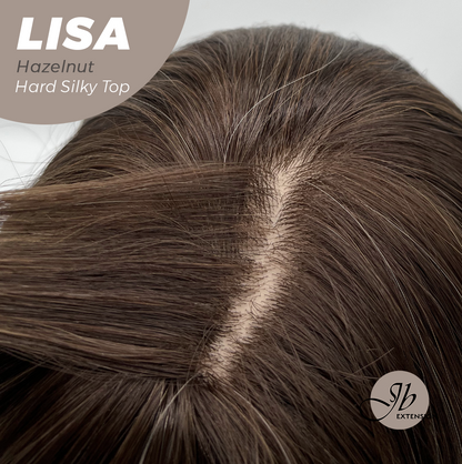 JBEXTENSION 26 Inches Scalpiana Long Curly Hazelnut 3.5X4 Hard Silky Top Natural Scalp Effect Wig with Bangs LISA HAZELNUT