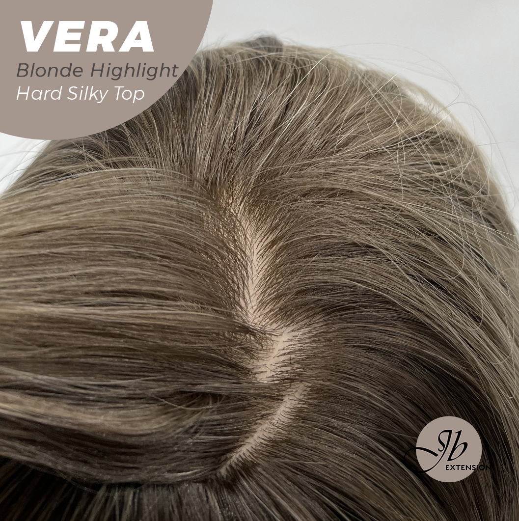 JBEXTENSION 17 Inches Scalpiana Curly Blonde Highlight 3.5X4 Hard Silky Top Natural Scalp Effect Wig with Bangs VERA BLONDE HIGHLIGHT
