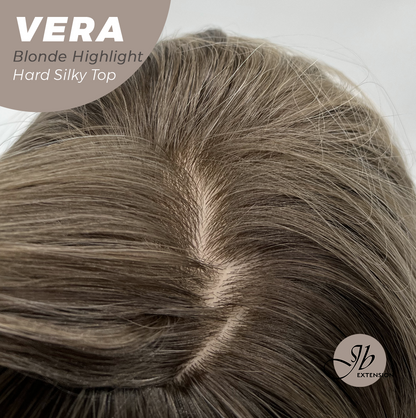 JBEXTENSION 17 Inches Scalpiana Curly Blonde Highlight 3.5X4 Hard Silky Top Natural Scalp Effect Wig with Bangs VERA BLONDE HIGHLIGHT