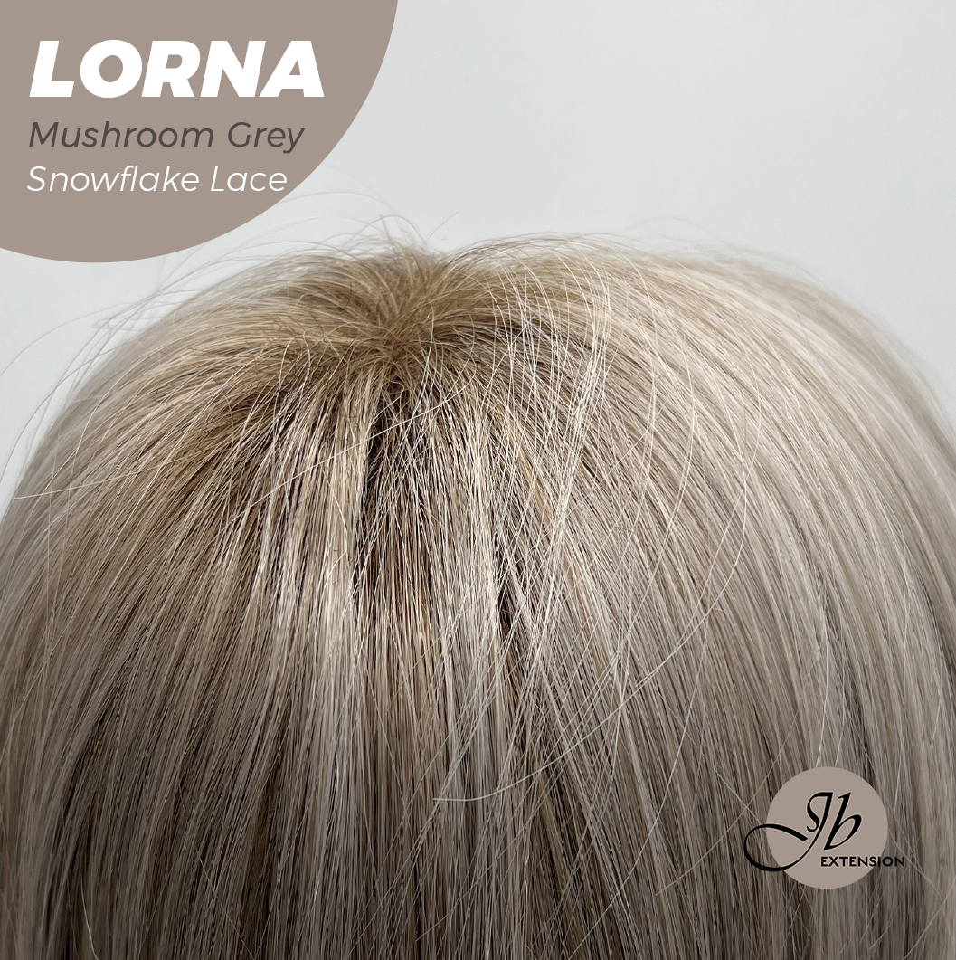 [FINAL SALE] JBEXTENSION 18 Inches Mushroom Grey Curly Pre-Cut Snowflake Lace Frontlace Glueless Wig LORNA MUSHROOM GREY【PERMATEASE】【BENDY EAR TABS】- M/L