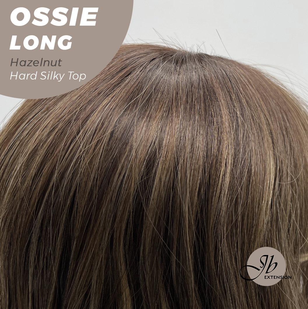 JBEXTENSION 28 Inches Scalpiana Long Wave Hazelnut 3.5X4 Hard Silky Top Natural Scalp Effect Wig with Bangs OSSIE LONG - HAZELNUT