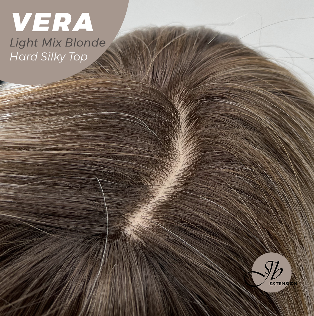 JBEXTENSION 17 Inches Scalpiana Curly Light Mix Blonde 3.5X4 Hard Silky Top Natural Scalp Effect Wig with Bangs VERA LIGHT MIX BLONDE