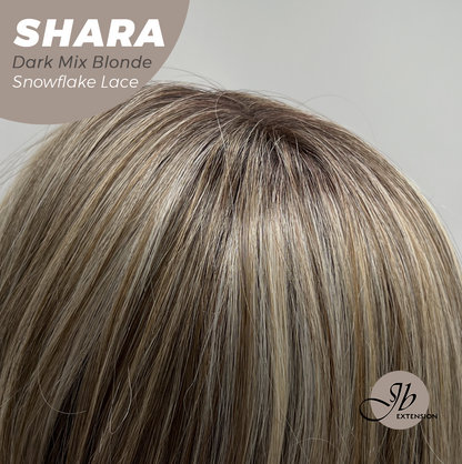 JBEXTENSION 17 Inches Curly Dark Mix Blonde Pre-Cut Arc Snowflake Lace Frontlace Glueless Wig SHARA DARK MIX BLONDE【BENDY EAR TABS】