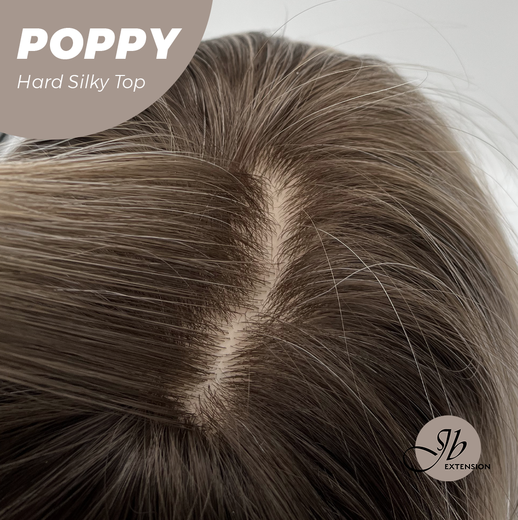 JBEXTENSION 21 Inches Scalpiana Curly Mix Blonde with Dark Root 3.5X4 Hard Silky Top Natural Scalp Effect Wig with Bangs POPPY