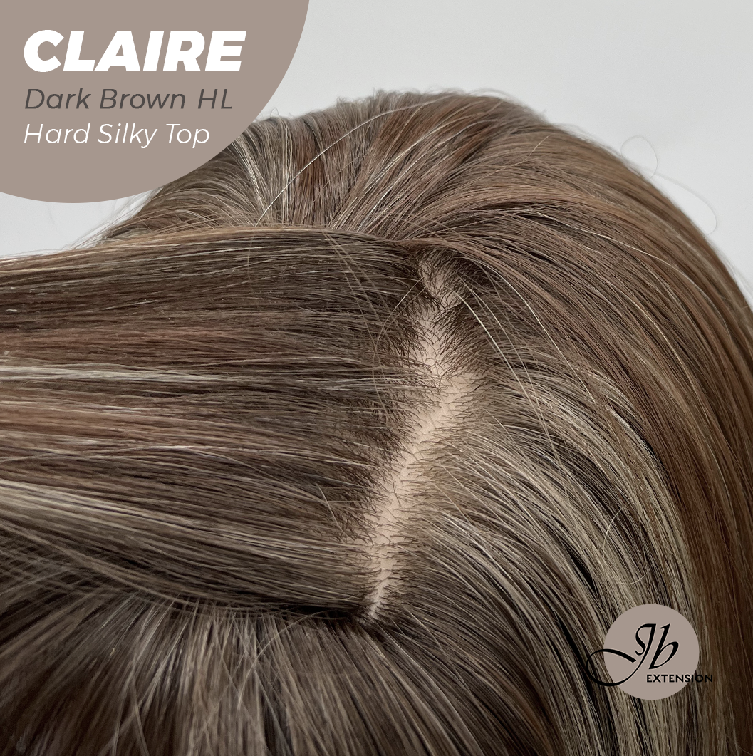 JBEXTENSION 22 Inches Scalpiana Dark Brown Highlight 3.5X4 Hard Silky Top Natural Scalp Effect Women Wig with Bangs CLAIRE SILKY TOP - DARK BROWN HIGHLIGHT