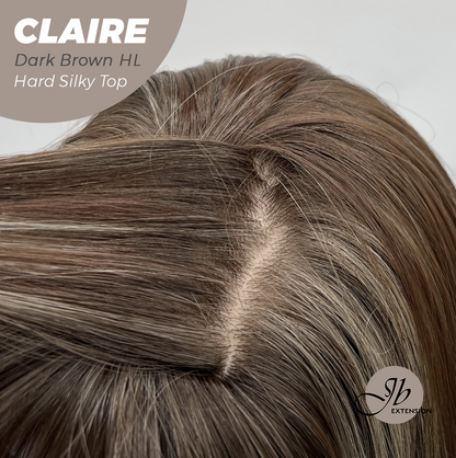 JBEXTENSION 22 Inches Scalpiana Dark Brown Highlight 3.5X4 Hard Silky Top Natural Scalp Effect Women Wig with Bangs CLAIRE SILKY TOP - DARK BROWN HIGHLIGHT