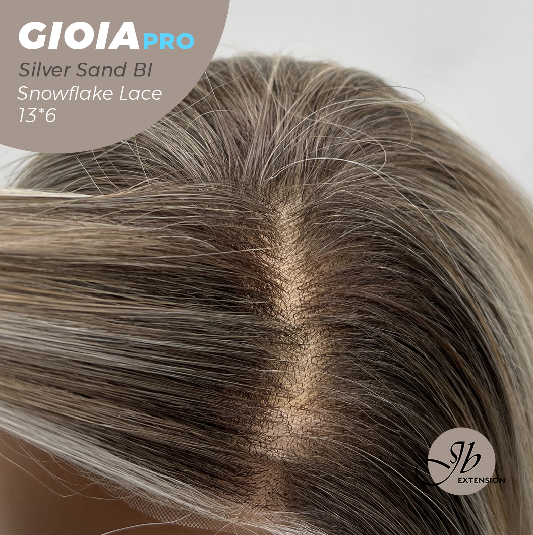 JBEXTENSION 14 Inches Silver Sand Blonde Pre-Cut 13X6 Free Part Snowflake Lace Frontlace Bob Cut Glueless Wig GIOIA PRO - SILVER SAND BLONDE【BENDY EAR TABS】