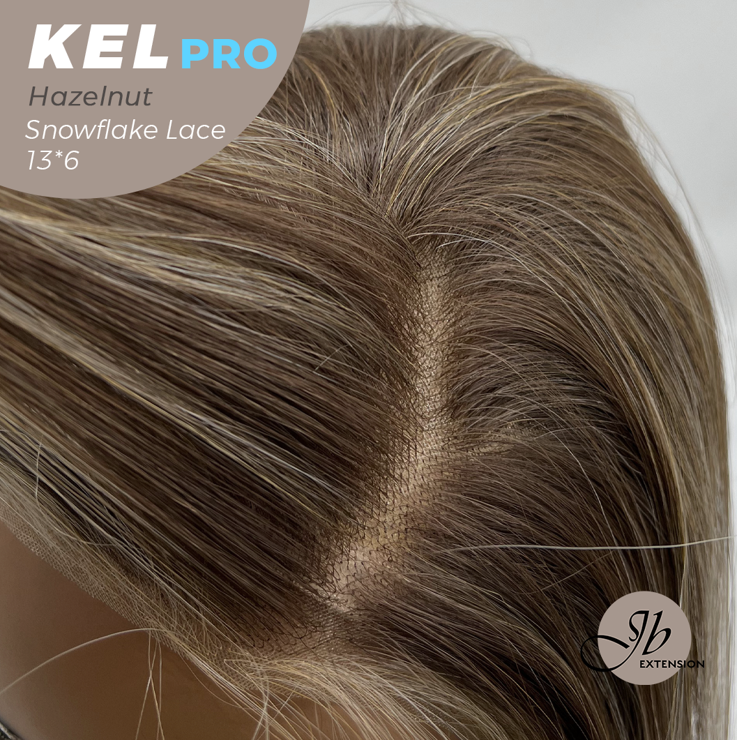 JBEXTENSION 22 Inches Hazelnut Blonde Highlight Pre-Cut 13X6 Free Part Snowflake Lace Frontlace Glueless Wig KEL PRO - HAZELNUT【BENDY EAR TABS】