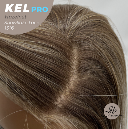 JBEXTENSION 22 Inches Hazelnut Blonde Highlight Pre-Cut 13X6 Free Part Snowflake Lace Frontlace Glueless Wig KEL PRO - HAZELNUT【BENDY EAR TABS】