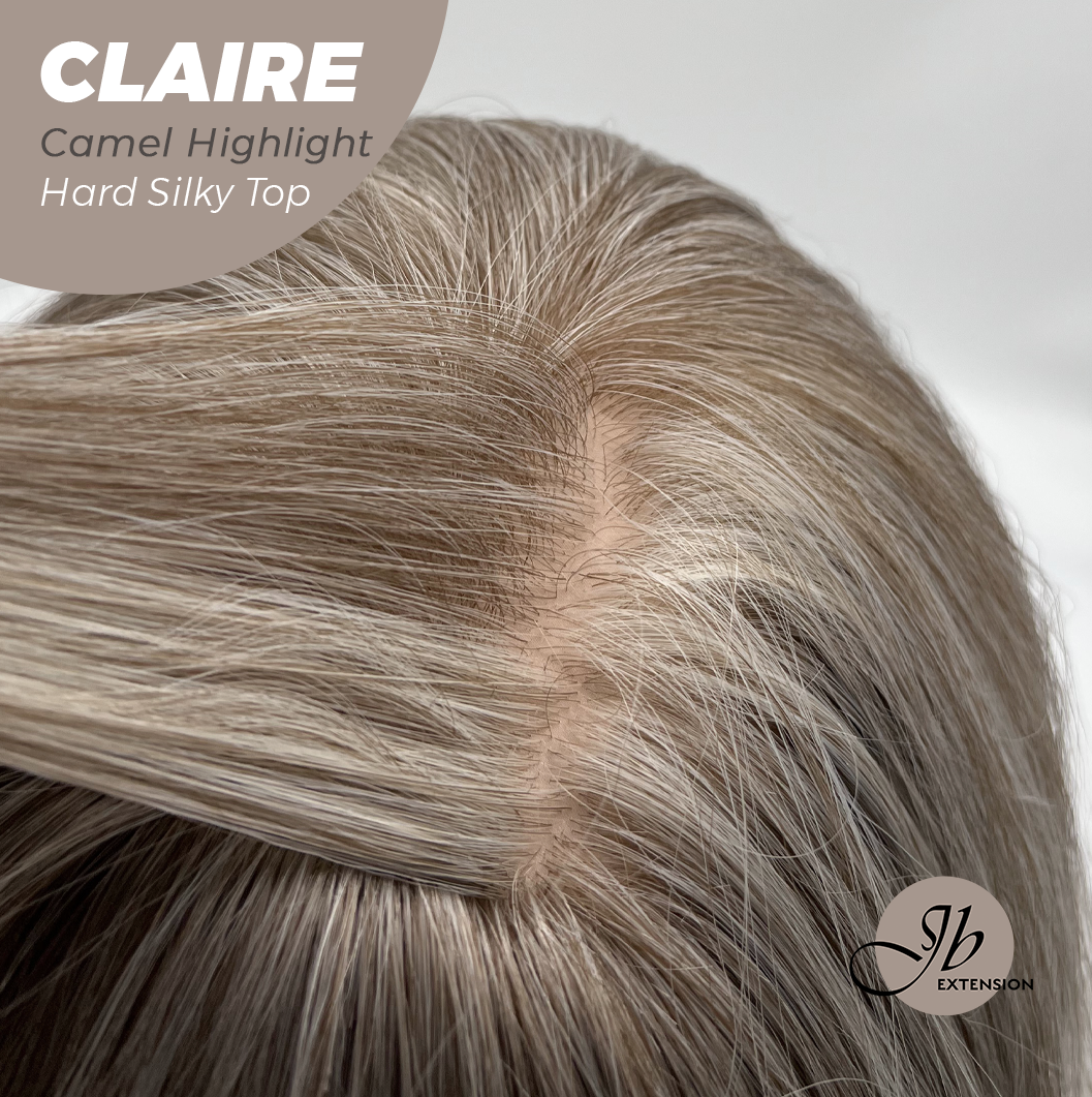 JBEXTENSION 22 Inches Scalpiana Camel Highlight 3.5X4 Hard Silky Top Natural Scalp Effect Women Wig with Bangs CLAIRE SILKY TOP - CAMEL HIGHLIGHT