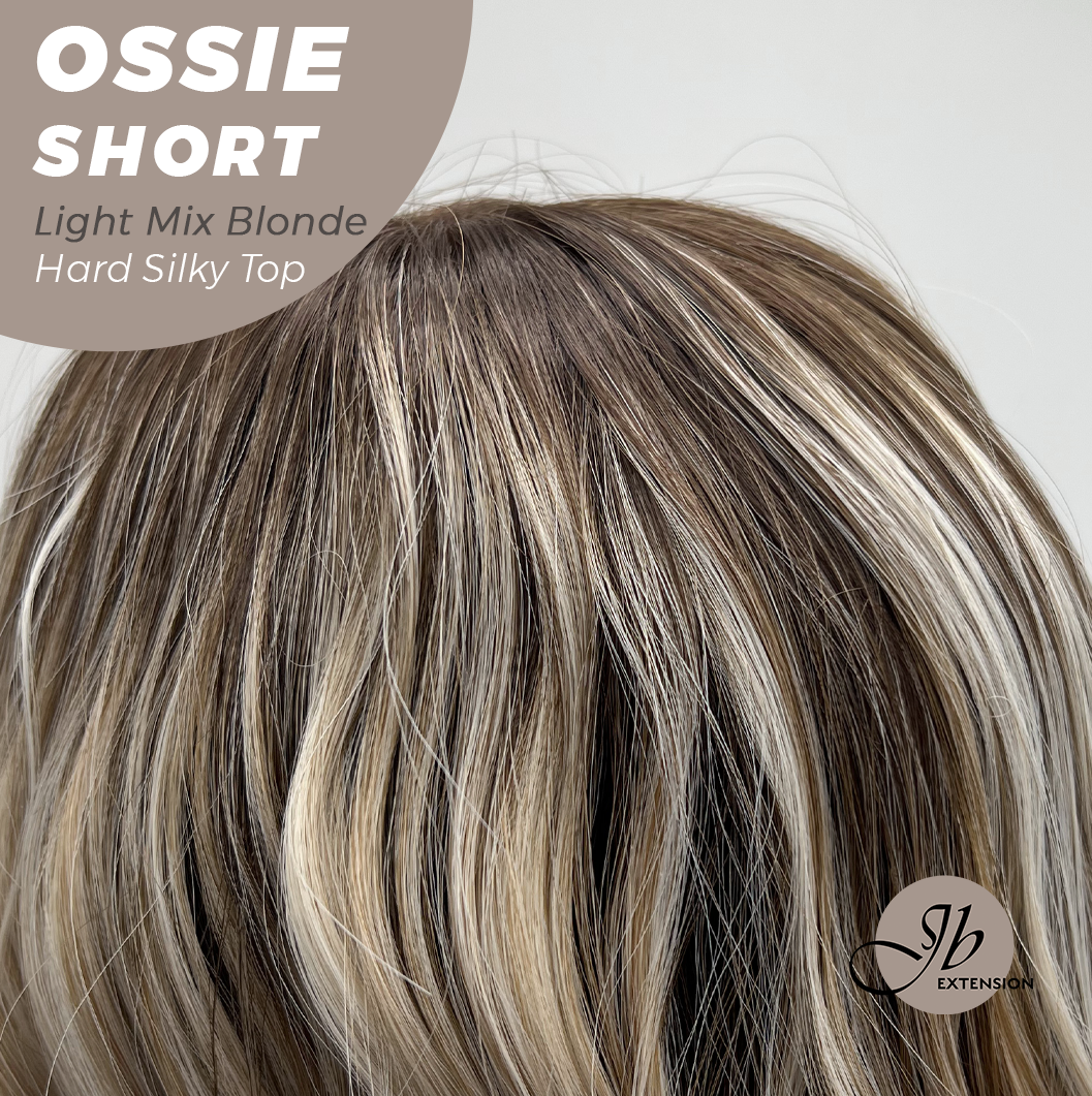 JBEXTENSION 14 Inches Scalpiana Wave Light Mix Blonde 3.5X4 Hard Silky Top Natural Scalp Effect Wig with Bangs OSSIE SHORT - LIGHT MIX BLONDE