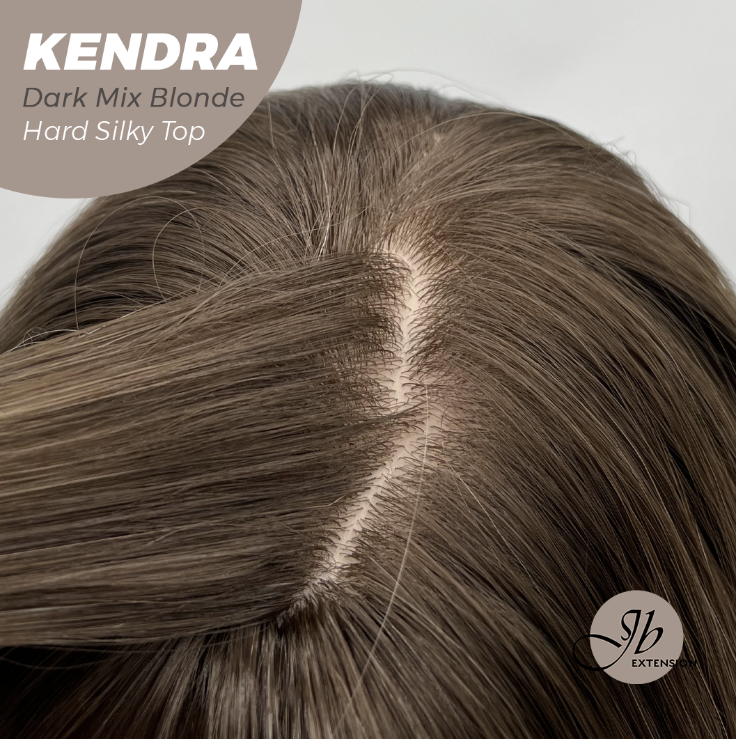 JBEXTENSION 26 Inches Scalpiana Long Curly Dark Mix Blonde 3.5X4 Hard Silky Top Natural Scalp Effect Wig with Bangs KENDRA DARK MIX BLONDE