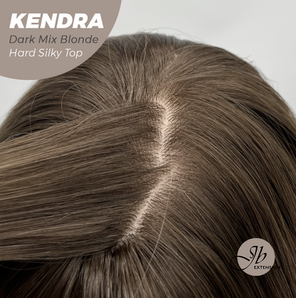 JBEXTENSION 26 Inches Scalpiana Long Curly Dark Mix Blonde 3.5X4 Hard Silky Top Natural Scalp Effect Wig with Bangs KENDRA DARK MIX BLONDE