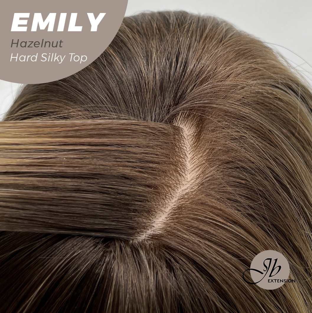 JBEXTENSION 18 Inches Scalpiana Curly Hazelnut 3.5X4 Hard Silky Top Natural Scalp Effect Wig with Bangs EMILY HAZELNUT
