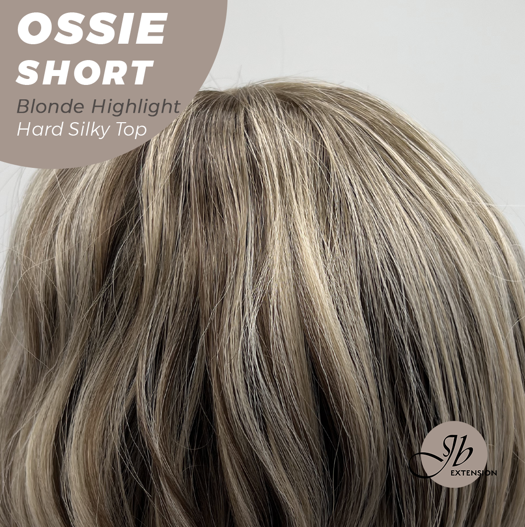 JBEXTENSION 14 Inches Scalpiana Wave Blonde Highlight 3.5X4 Hard Silky Top Natural Scalp Effect Wig with Bangs OSSIE SHORT - BLONDE HIGHLIGHT