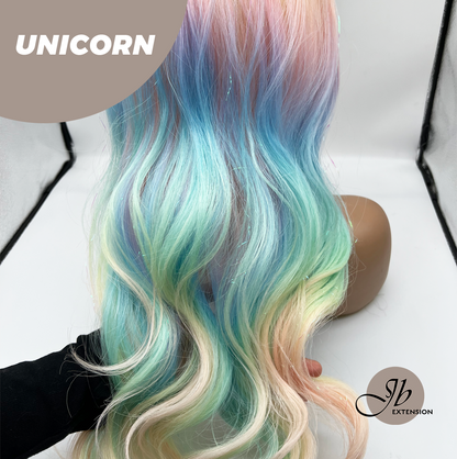 [FINAL SALE] JBEXTENSION 26 Inches Curly Rainbow Color with Tinsel Halloween Style Headband Wig UNICORN