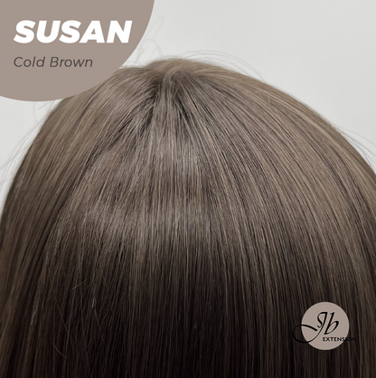 JBEXTENSION 14 Inches Short Bob Cut Cold Brown Wig with Bangs SUSAN COLD BROWN
