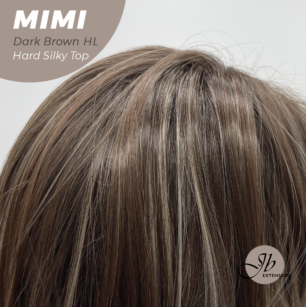 JBEXTENSION 16 Inches Scalpiana 3.5X4 Hard Silky Top Natural Scalp Effect Dark Brown Highlight Body Wave Wig with Bangs Wig MIMI SILK TOP - DARK BROWN HIGHLIGHT