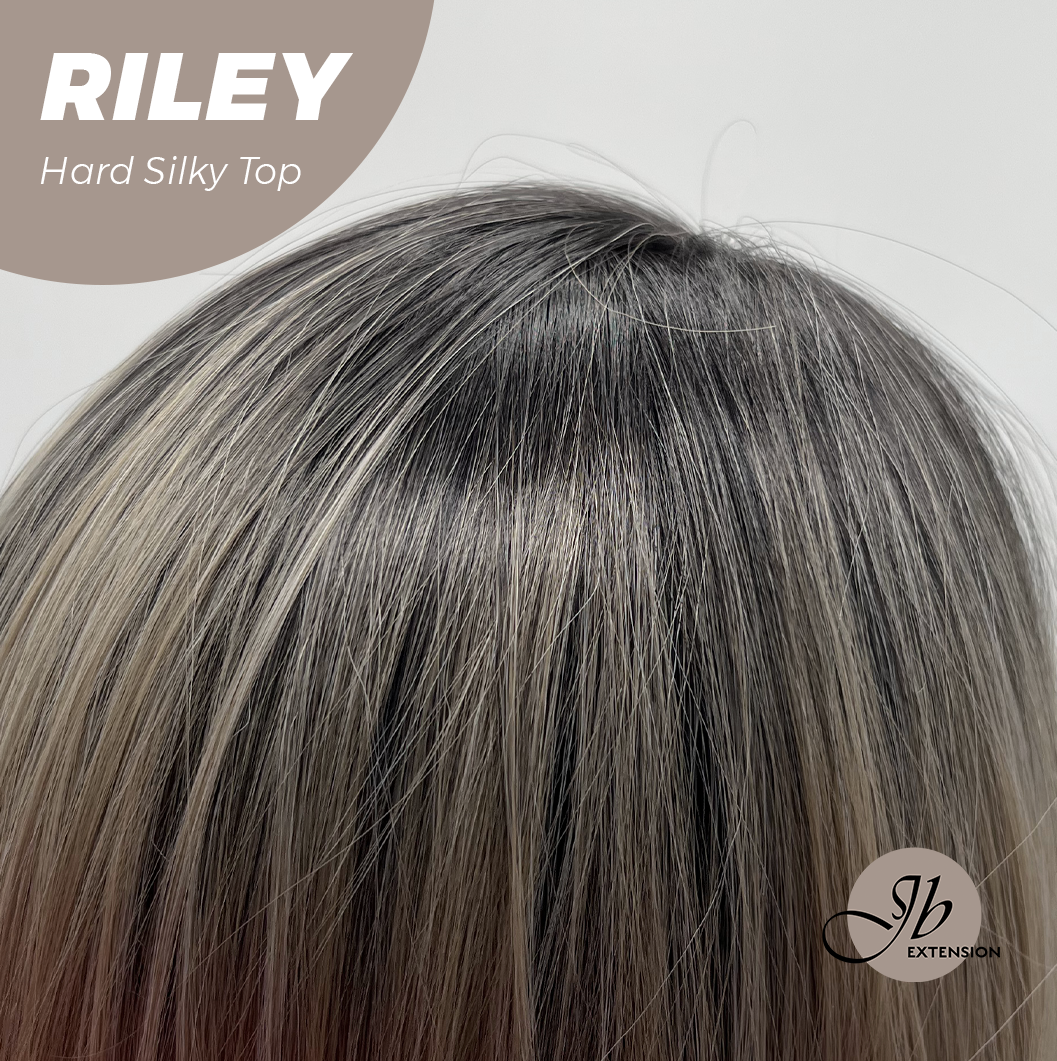 JBEXTENSION 21 Inches Scalpiana Dark Blonde with Dark Root 3.5X4 Hard Silky Top Natural Scalp Effect Wig with Bangs RILEY