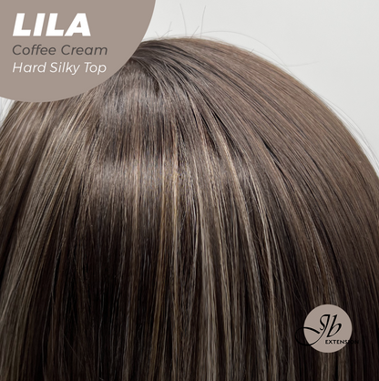 JBEXTENSION 20 Inches Scalpiana Coffee Cream Wolf Cut 3.5X4 Hard Silky Top Natural Scalp Effect Wig With Bangs LILA COFFEE CREAM