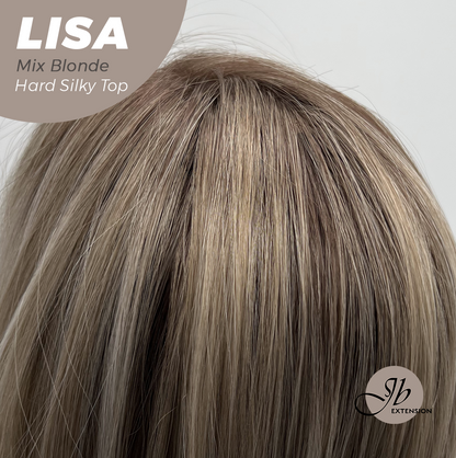 JBEXTENSION 26 Inches Scalpiana Long Curly Mix Blonde 3.5X4 Hard Silky Top Natural Scalp Effect Wig with Bangs LISA MIX BLONDE