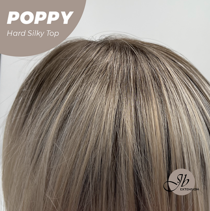 JBEXTENSION 21 Inches Scalpiana Curly Mix Blonde with Dark Root 3.5X4 Hard Silky Top Natural Scalp Effect Wig with Bangs POPPY