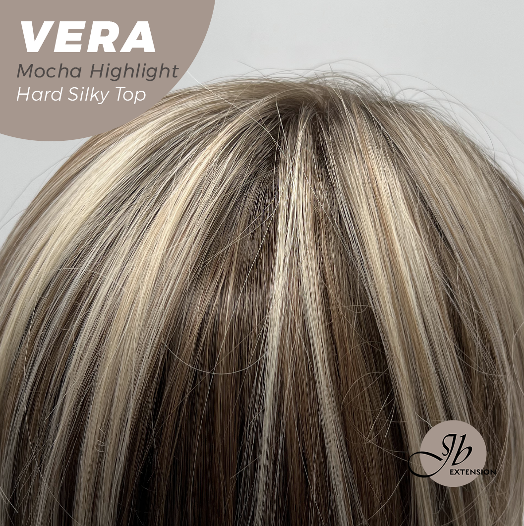 JBEXTENSION 17 Inches Scalpiana Curly Mocha Highlight 3.5X4 Hard Silky Top Natural Scalp Effect Wig with Bangs VERA MOCHA HIGHLIGHT