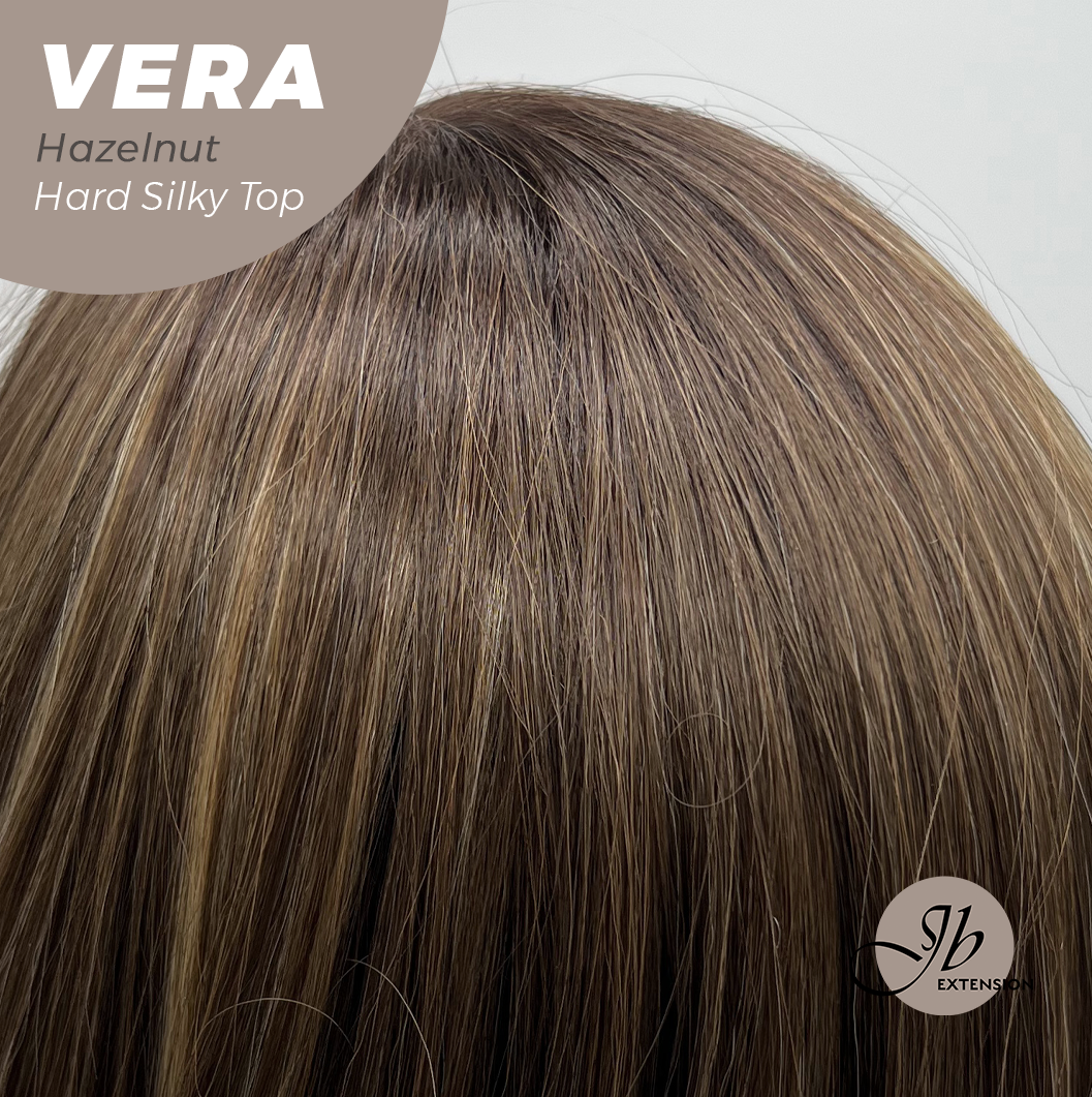 JBEXTENSION 17 Inches Scalpiana Curly Hazelnut 3.5X4 Hard Silky Top Natural Scalp Effect Wig with Bangs VERA CAMEL HAZELNUT