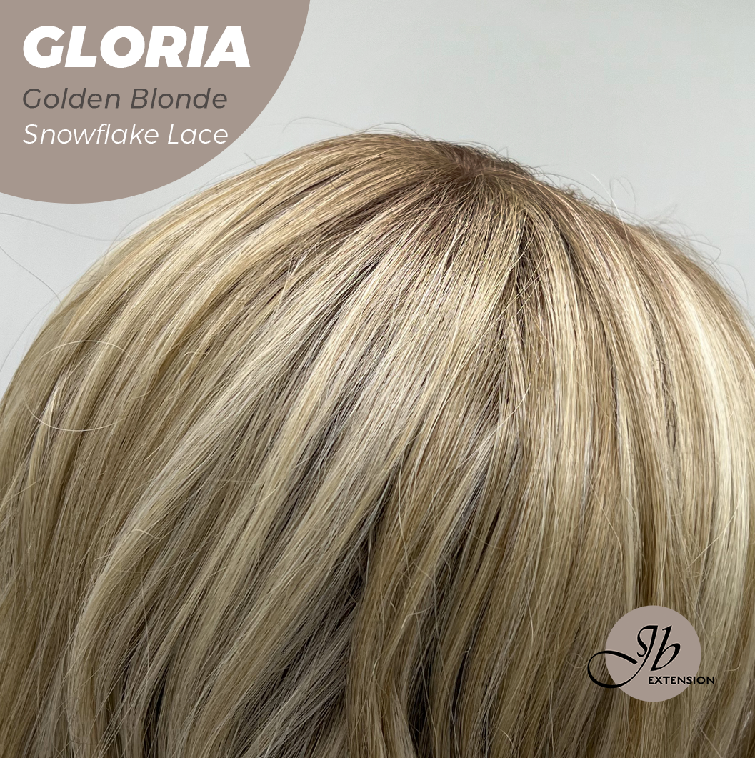 JBEXTENSION 14 Inches Curly Golden Blonde Wig with Bangs Pre-Cut Arc Snowflake Lace Frontlace Glueless Wig GLORIA GOLDEN BLONDE【BENDY EAR TABS】
