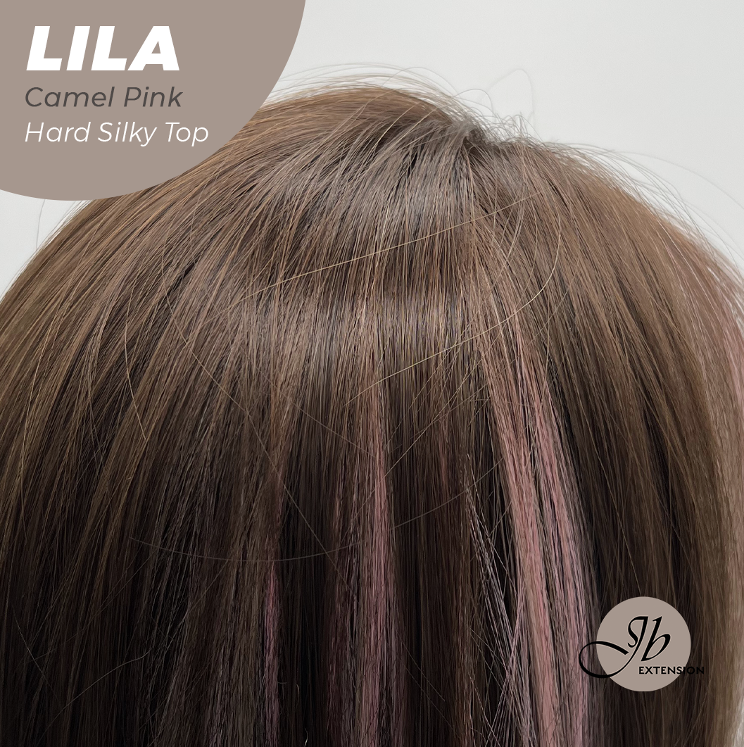 JBEXTENSION 20 Inches Scalpiana Camel Pink Wolf Cut 3.5X4 Hard Silky Top Natural Scalp Effect Wig With Bangs LILA CAMEL PINK